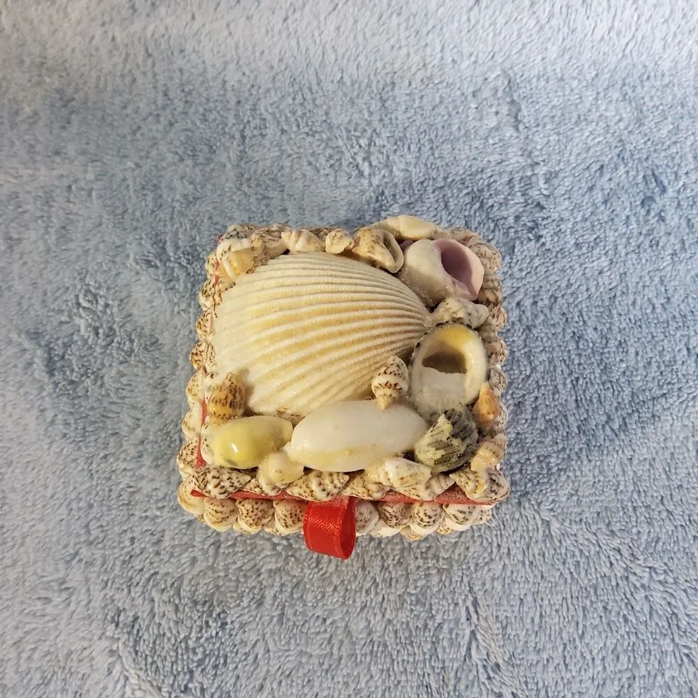 Vintage Handmade Shell Art Trinket Box Square Seashell Coastal Beach Nautical